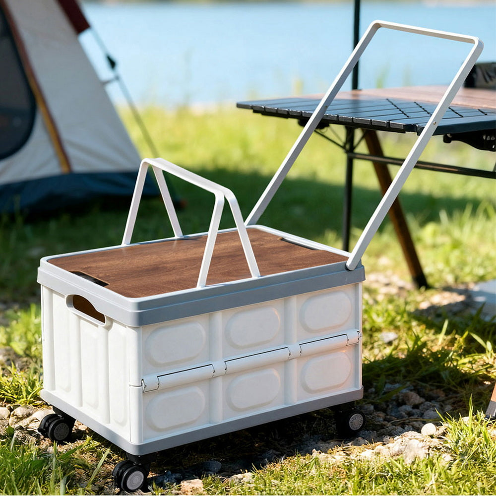 Gardeon Collapsible Outdoor Storage Box 54L Stackable Folding Camping Organizer Wheels Plywood Lid Beige