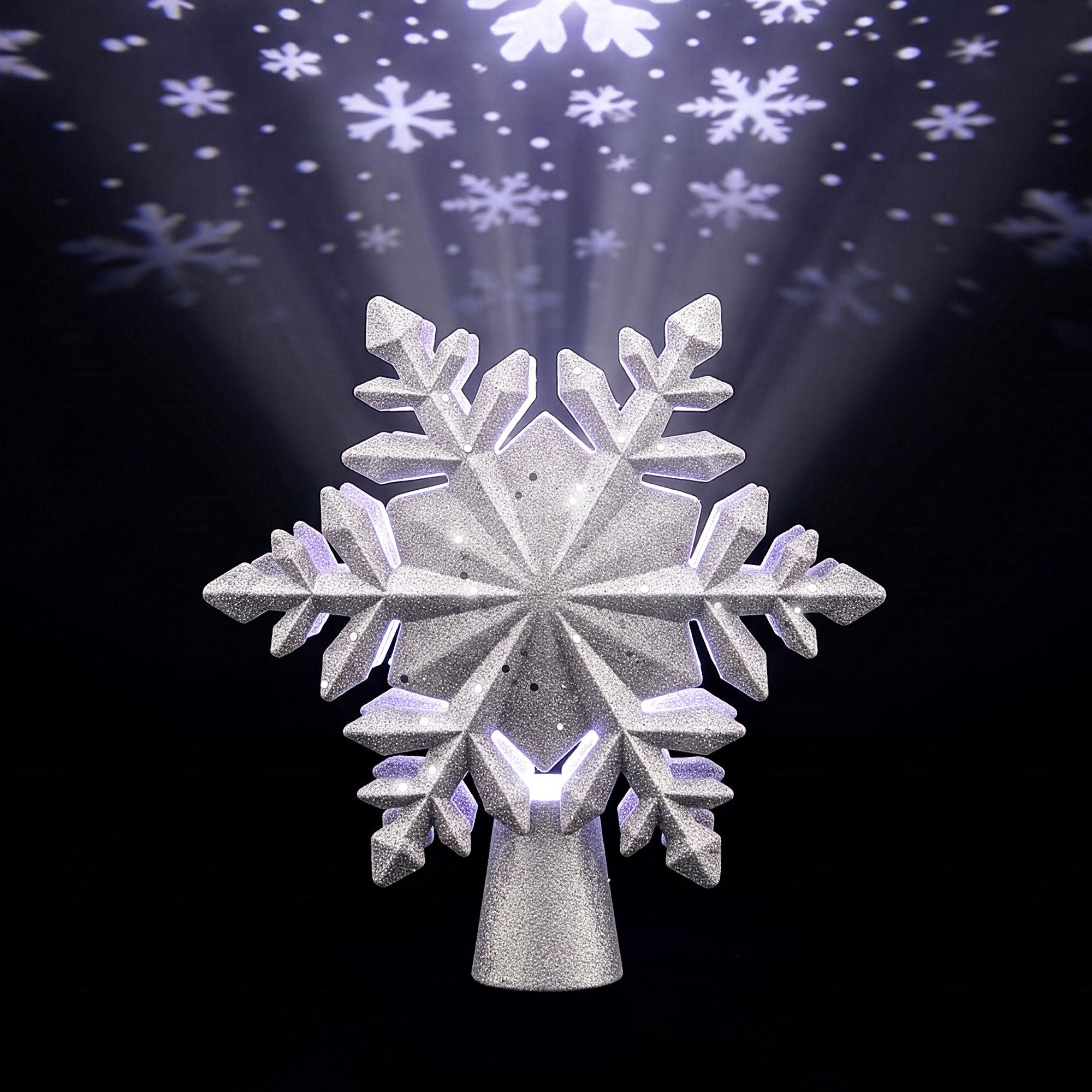 Jingle Jollys Christmas Tree Topper Lighted 360Β° Rotating Snowflake Projector Silver Glitter