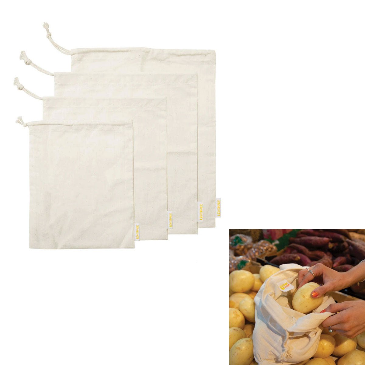 J Elliot Home Lemonade Karma Set of 4 Cotton Eco - Friendly Natural Muslin Storage Bag Set - NuSea