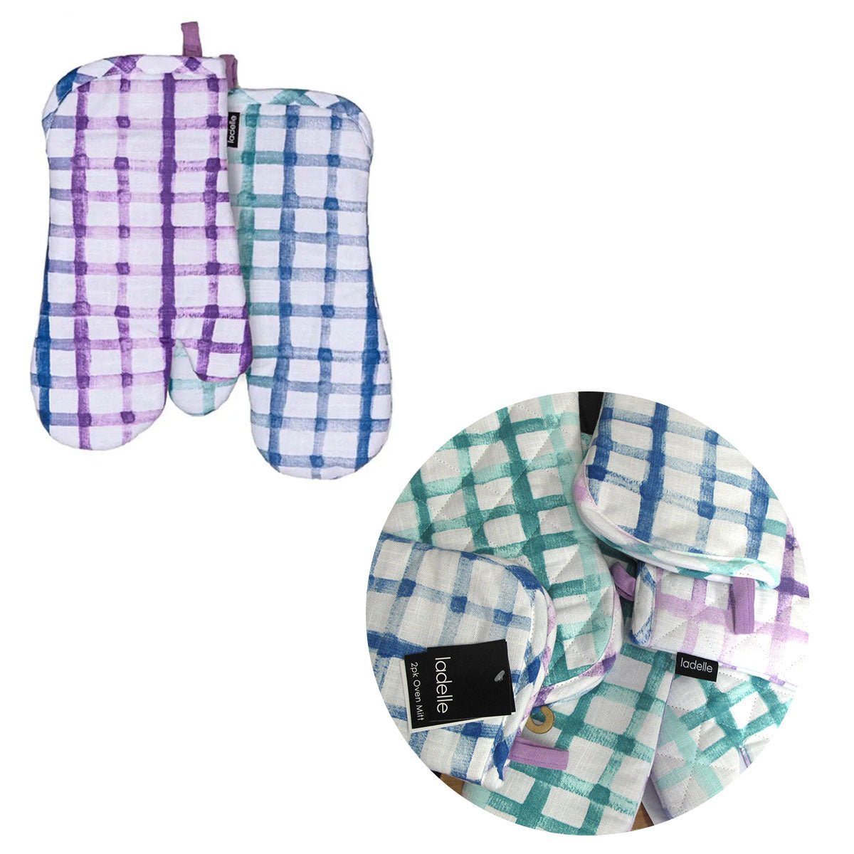 Ladelle Tri - colour Trinny Random Pattern/Colour Reversible Set of 2 Oven Mitts 18 x 33 cm - NuSea