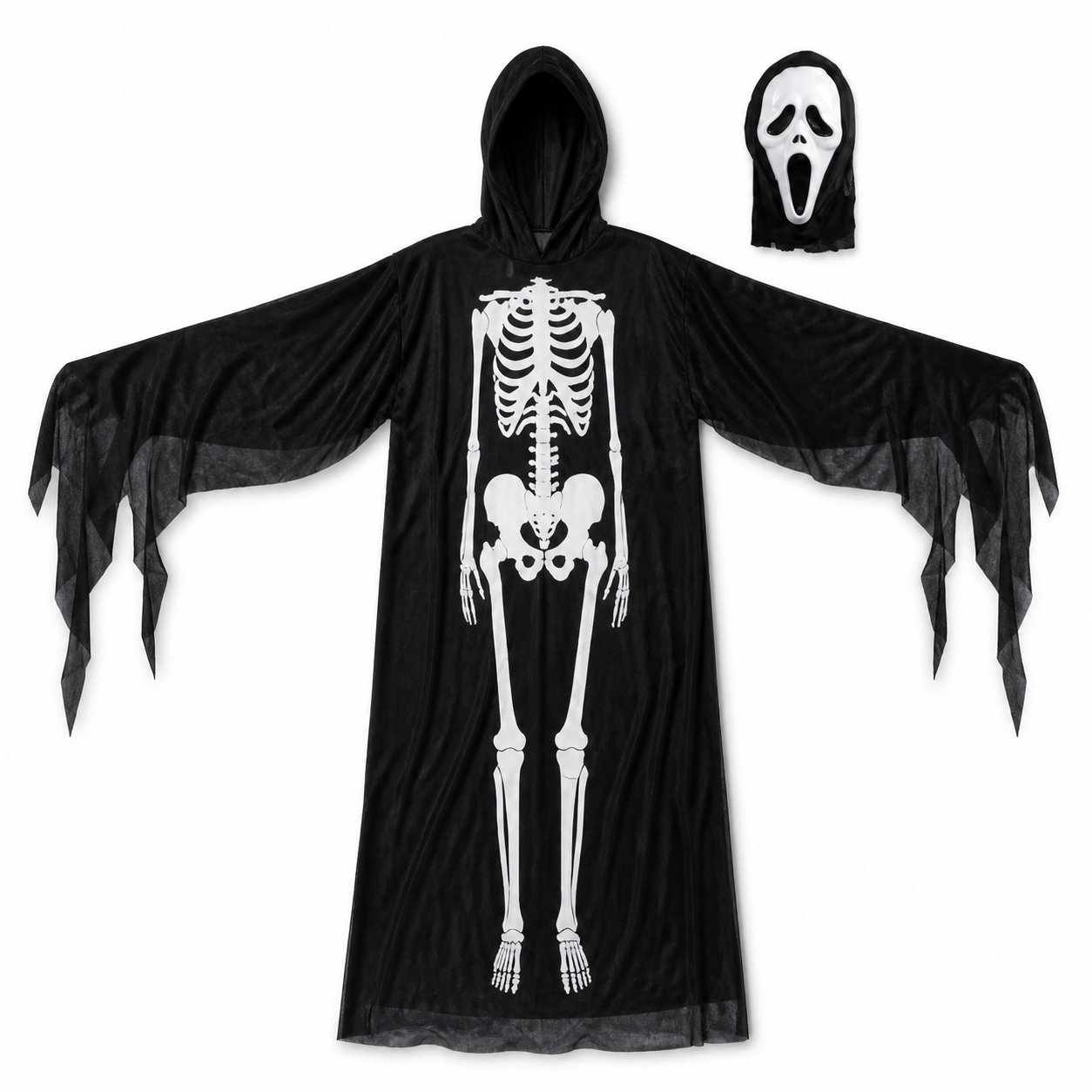 Kids’ Skeleton Ghoul Costume – Tunic & Mask white background product image