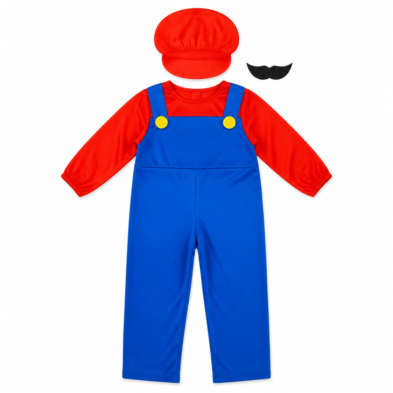 Kids’ Red Plumber Costume – Hat, Moustache & Jumpsuit white background product image