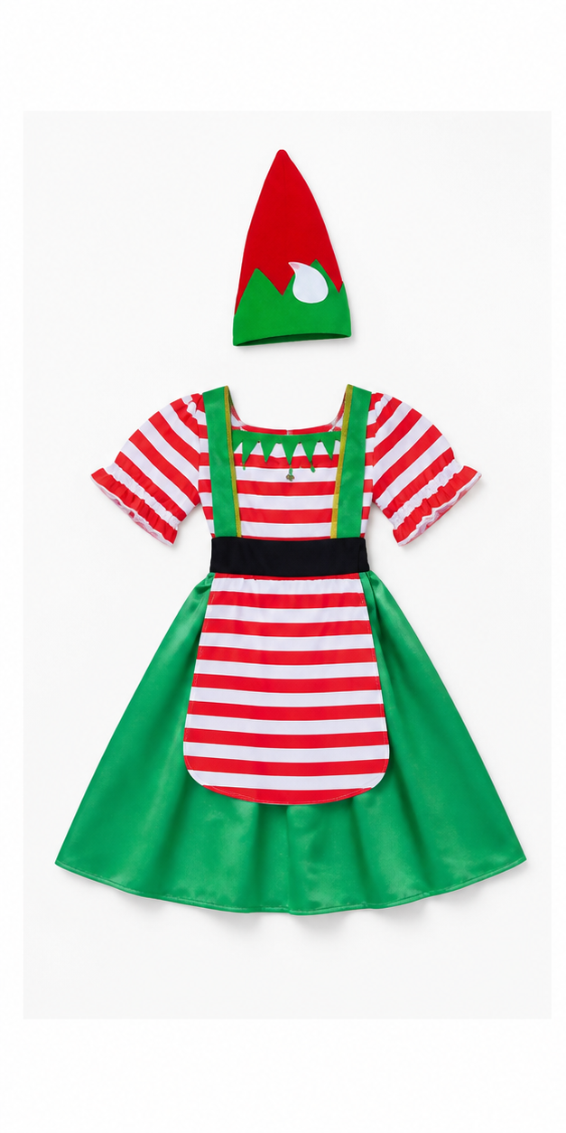 Kids’ Christmas Elf Girl Costume – Dress & Hat white background product image