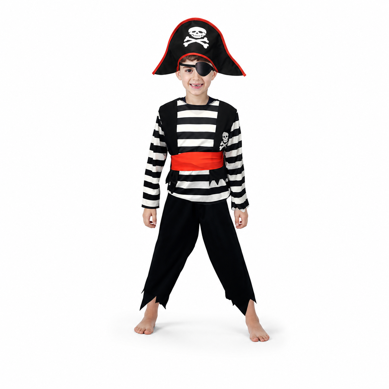 Kids’ Pirate Lad Costume – Hat, Eye Patch & Striped Set white background product image
