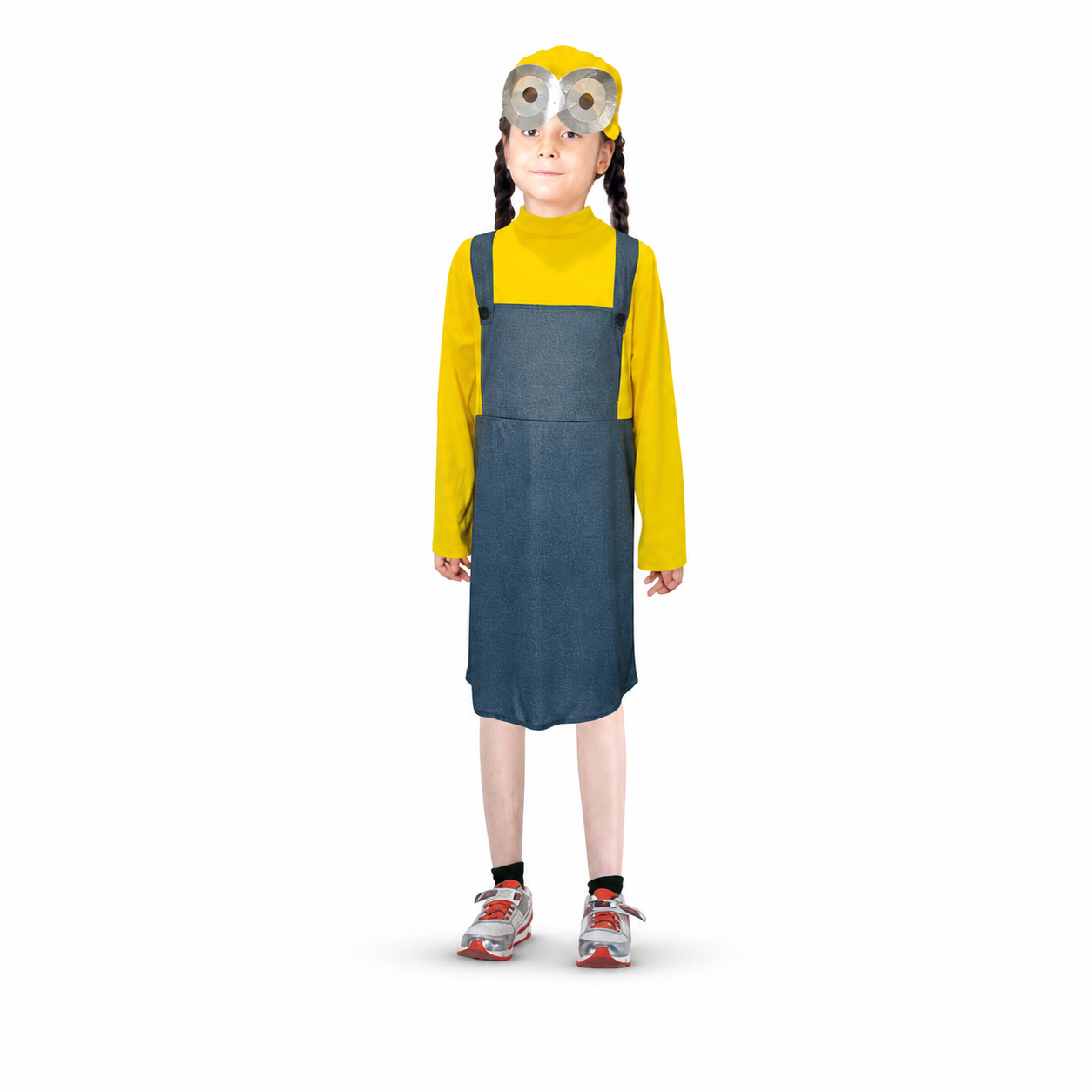 Kids’ Worker Girl Costume – Yellow Hat, Goggles & Dress white background product image