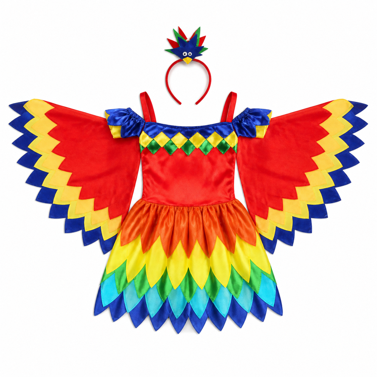 Kidsβ Rainbow Parrot Costume β Dress, Wings & Headpiece white background product image