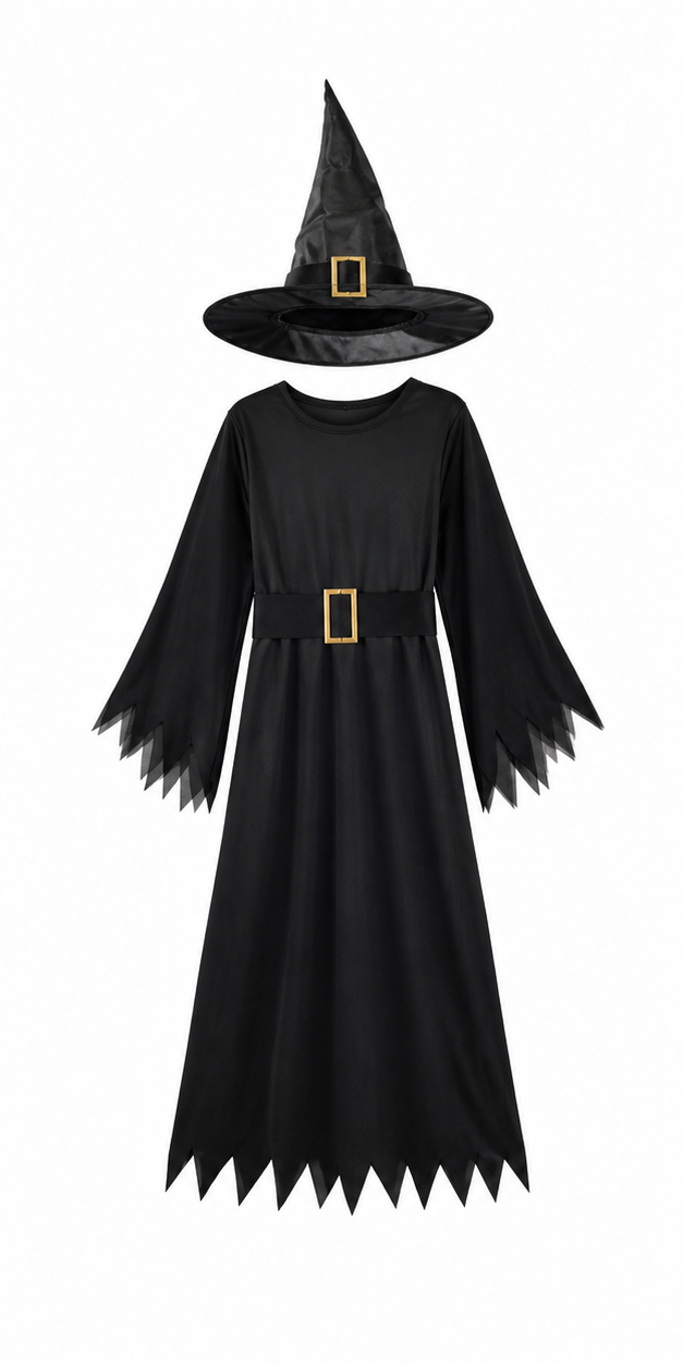 Kids’ Classic Black Witch Costume – Dress & Hat white background product image