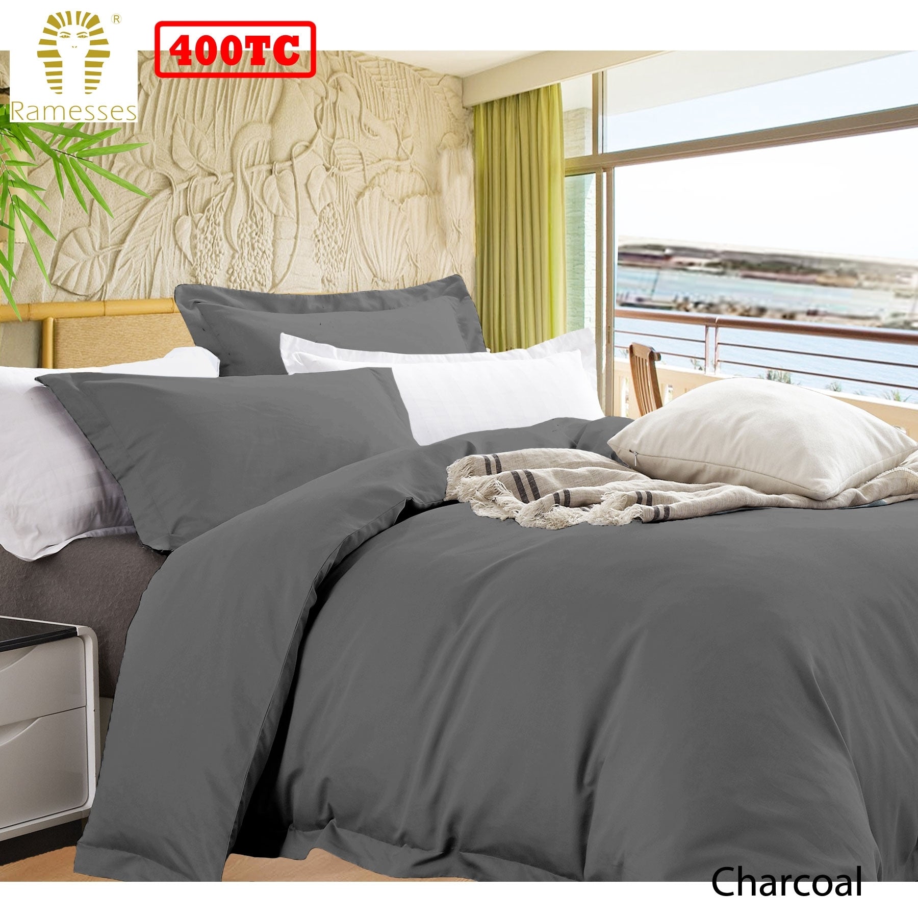 Ramesses Bamboo Cotton Quilt Cover Set Charcoal Queen - NuSea