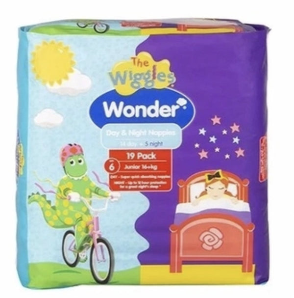 1 Pack 19pcs The Wiggles Wonder Nappies Day & Night Junior 16+kg - Size 6 - NuSea