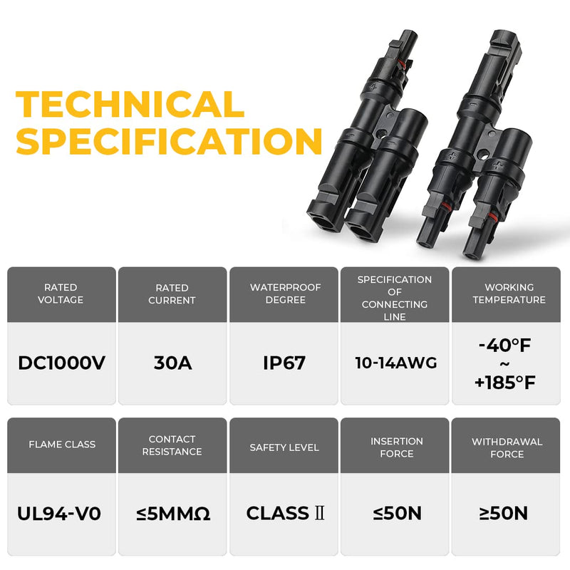 1 Pair 2 To 1 2 branch Waterproof T Branch Cable Connectors Solar PV Panel Connector Male & Female - NuSea