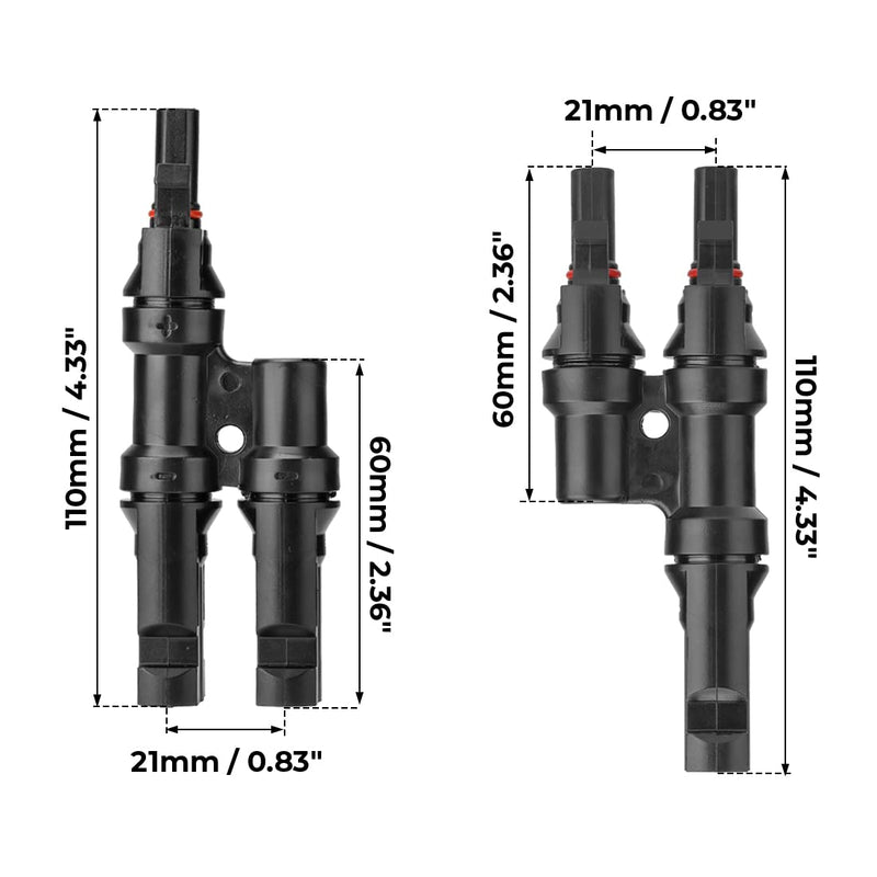 1 Pair 2 To 1 2 branch Waterproof T Branch Cable Connectors Solar PV Panel Connector Male & Female - NuSea