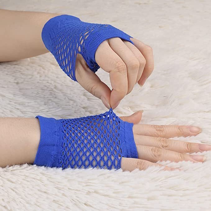 1 Pair Fishnet Gloves Fingerless Wrist Length 70s 80s Costume Party Dance - Blue - NuSea