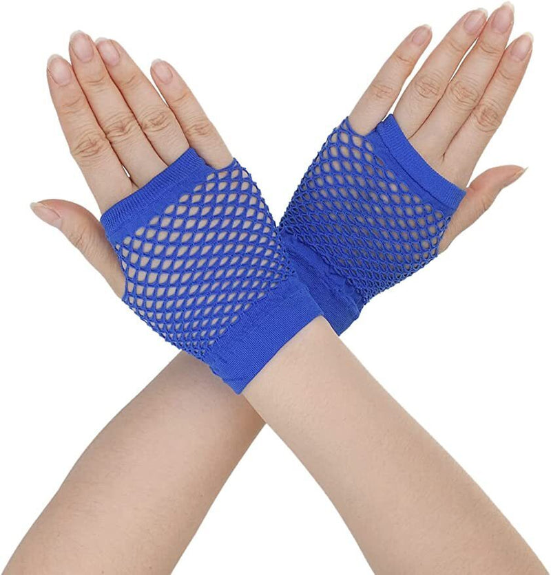 1 Pair Fishnet Gloves Fingerless Wrist Length 70s 80s Costume Party Dance - Blue - NuSea