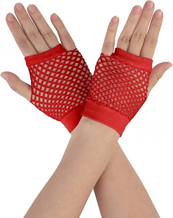 1 Pair Fishnet Gloves Fingerless Wrist Length 70s 80s Costume Party Dance - Red - NuSea