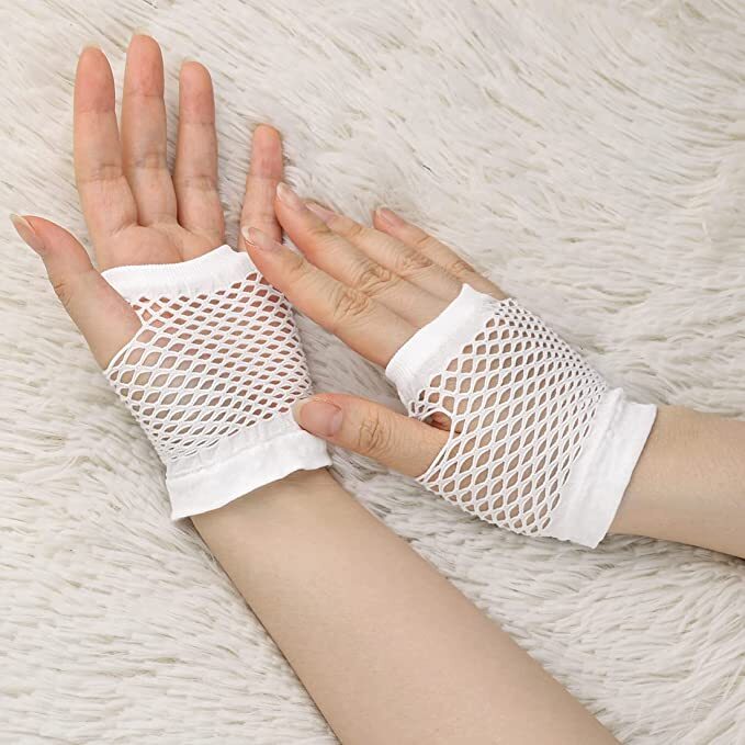 1 Pair Fishnet Gloves Fingerless Wrist Length 70s 80s Costume Party Dance - White - NuSea