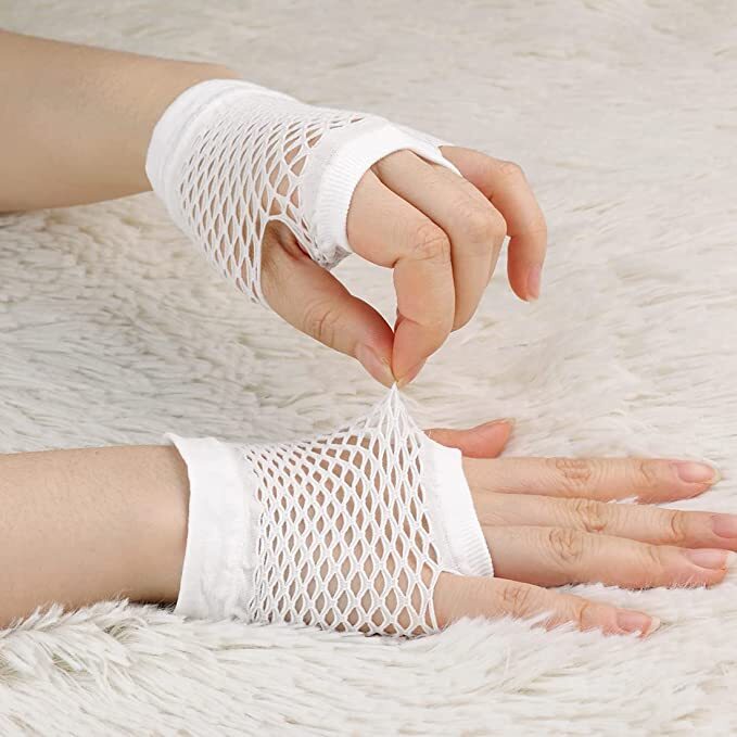 1 Pair Fishnet Gloves Fingerless Wrist Length 70s 80s Costume Party Dance - White - NuSea