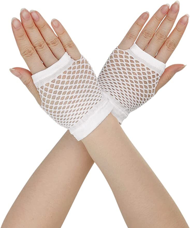 1 Pair Fishnet Gloves Fingerless Wrist Length 70s 80s Costume Party Dance - White - NuSea