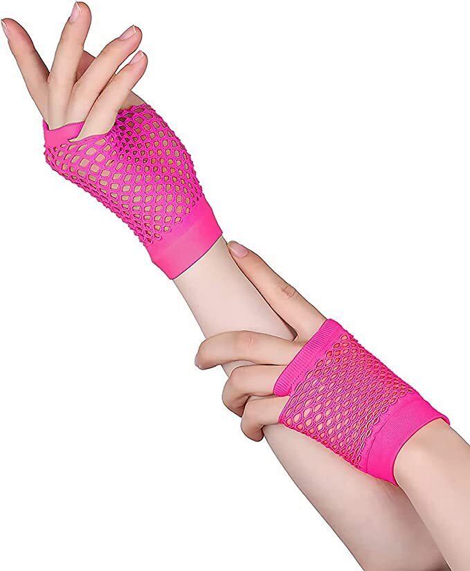 1 Pair Fishnet Gloves Fingerless Wrist Length 70s 80s Costume Party - Hot Pink - NuSea