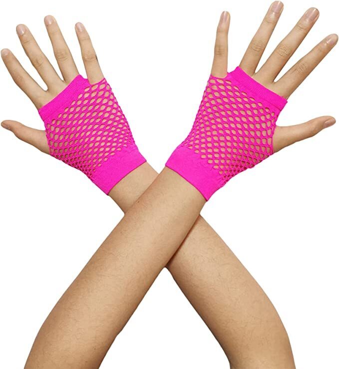 1 Pair Fishnet Gloves Fingerless Wrist Length 70s 80s Costume Party - Hot Pink - NuSea