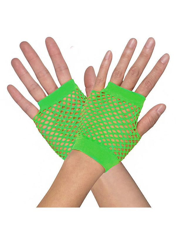 1 Pair Fishnet Gloves Fingerless Wrist Length 70s 80s Costume Party - Neon Green - NuSea