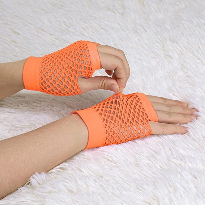 1 Pair Fishnet Gloves Fingerless Wrist Length 70s 80s Costume Party - Orange - NuSea