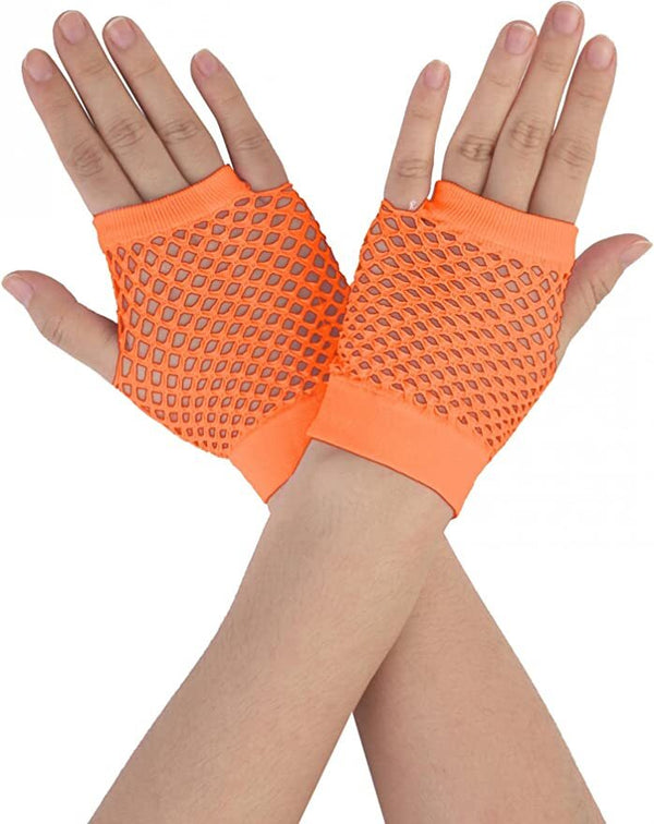 1 Pair Fishnet Gloves Fingerless Wrist Length 70s 80s Costume Party - Orange - NuSea