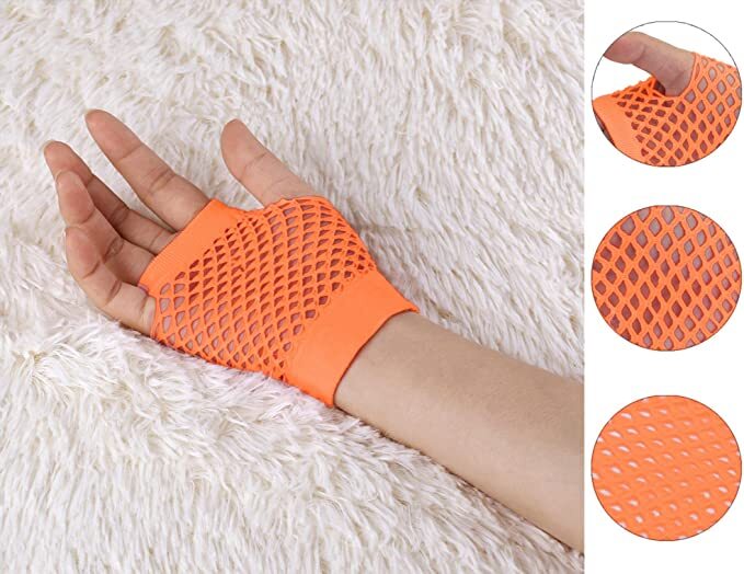 1 Pair Fishnet Gloves Fingerless Wrist Length 70s 80s Costume Party - Orange - NuSea