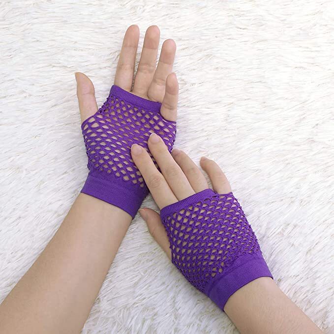 1 Pair Fishnet Gloves Fingerless Wrist Length 70s 80s Costume Party - Purple - NuSea