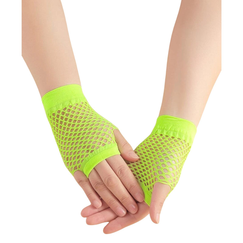 1 Pair Fishnet Gloves Fingerless Wrist Length Costume Party Dance - Fluro Yellow - NuSea