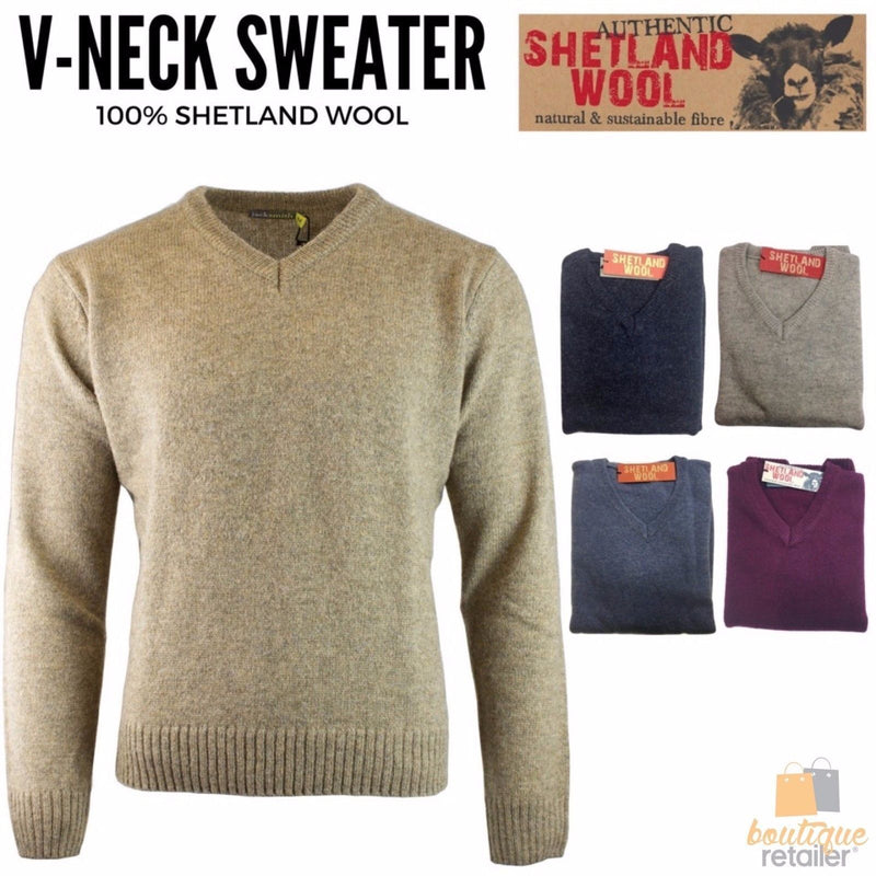 100% Shetland Wool V Neck Knit Jumper Pullover Mens Sweater Knitted - Burgundy (97) - M - NuSea