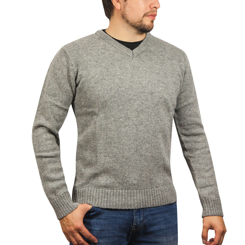 100% Shetland Wool V Neck Knit Jumper Pullover Mens Sweater Knitted - Grey (21) - XXL - NuSea