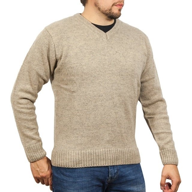 100% Shetland Wool V Neck Knit Jumper Pullover Mens Sweater Knitted - Oat Marle (03) - L - NuSea