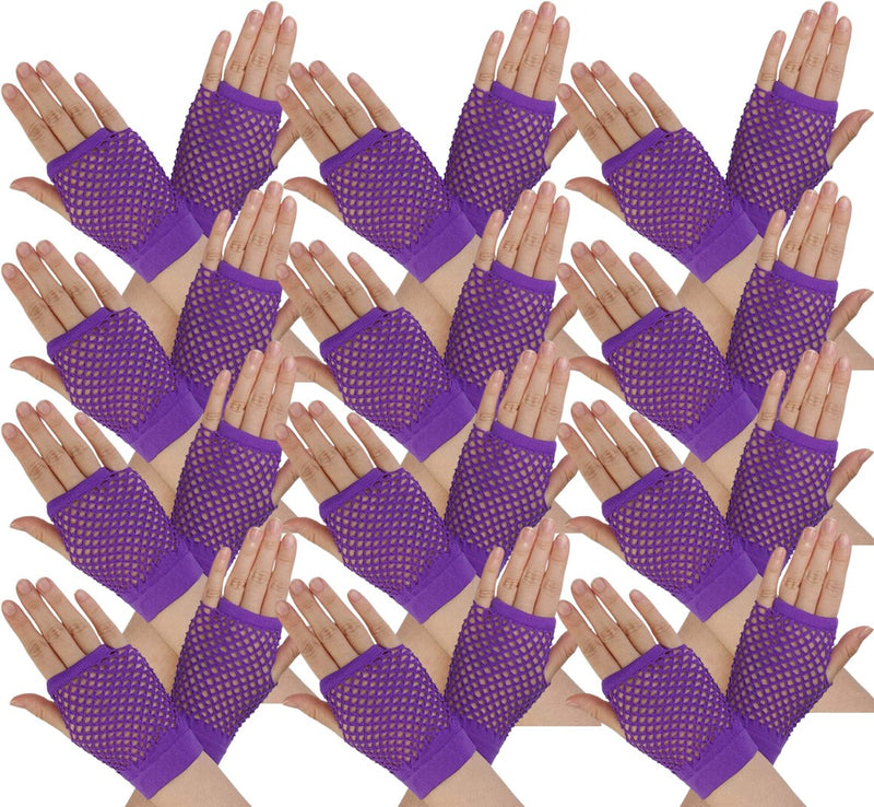 12 Pair Fishnet Gloves Fingerless Wrist Length 70s 80s Costume Party - Purple - NuSea