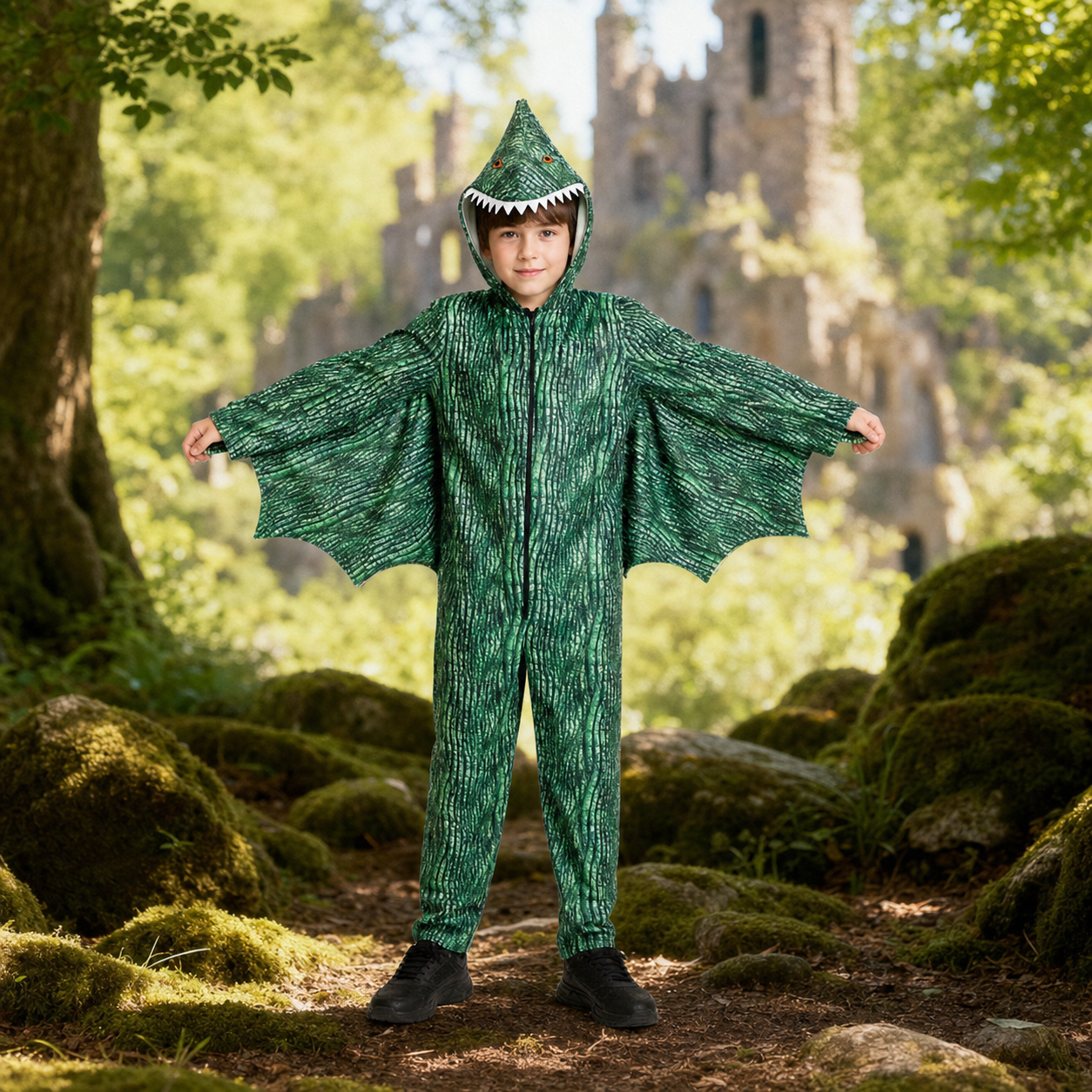 Kids’ Green Dragon Costume – Hooded Jumpsuit with Wings