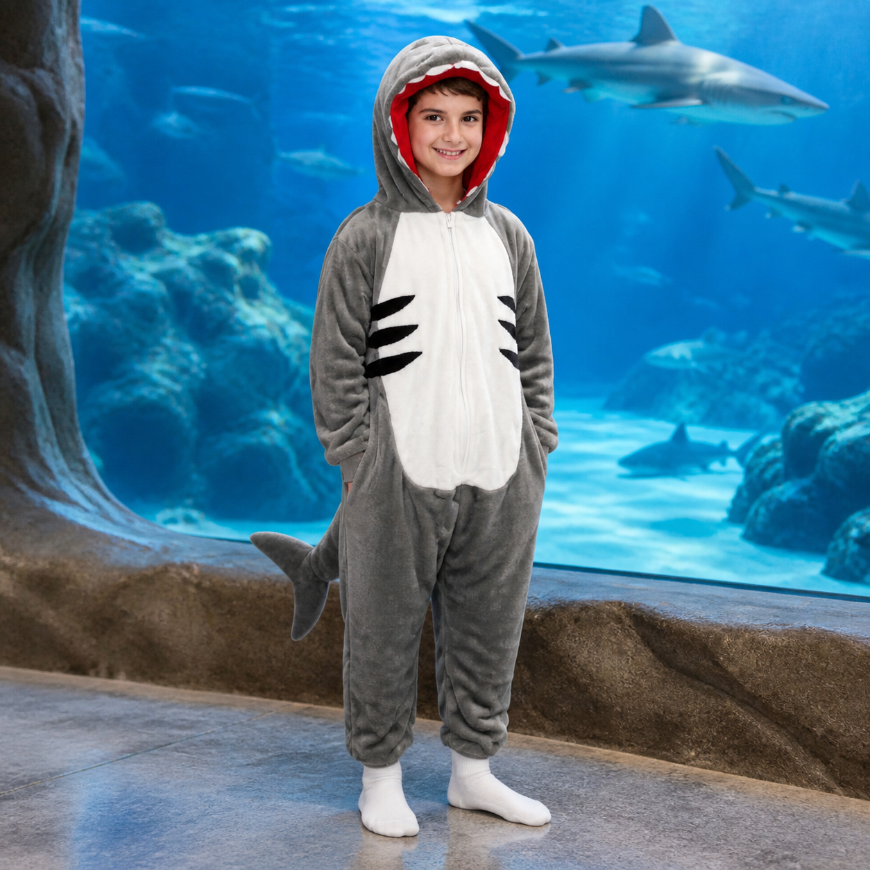 Kids’ Shark Onesie Costume – Hooded Jumpsuit with Fin & Tail lifestyle image