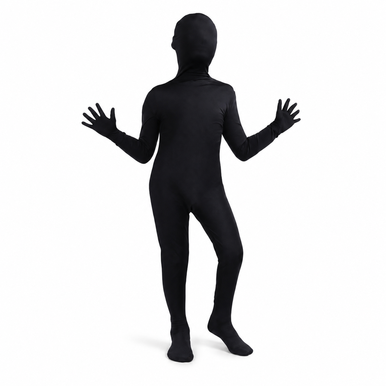 Kids’ Black Full Body Suit Costume – Detachable Hood & Gloves white background product image