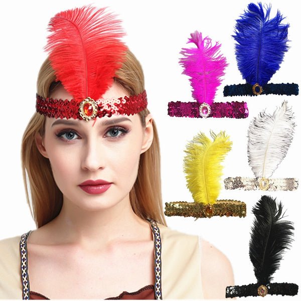 1920s FLAPPER HEADBAND Headpiece Feather Sequin Charleston Costume Gatsby Dance - Hot Pink - NuSea