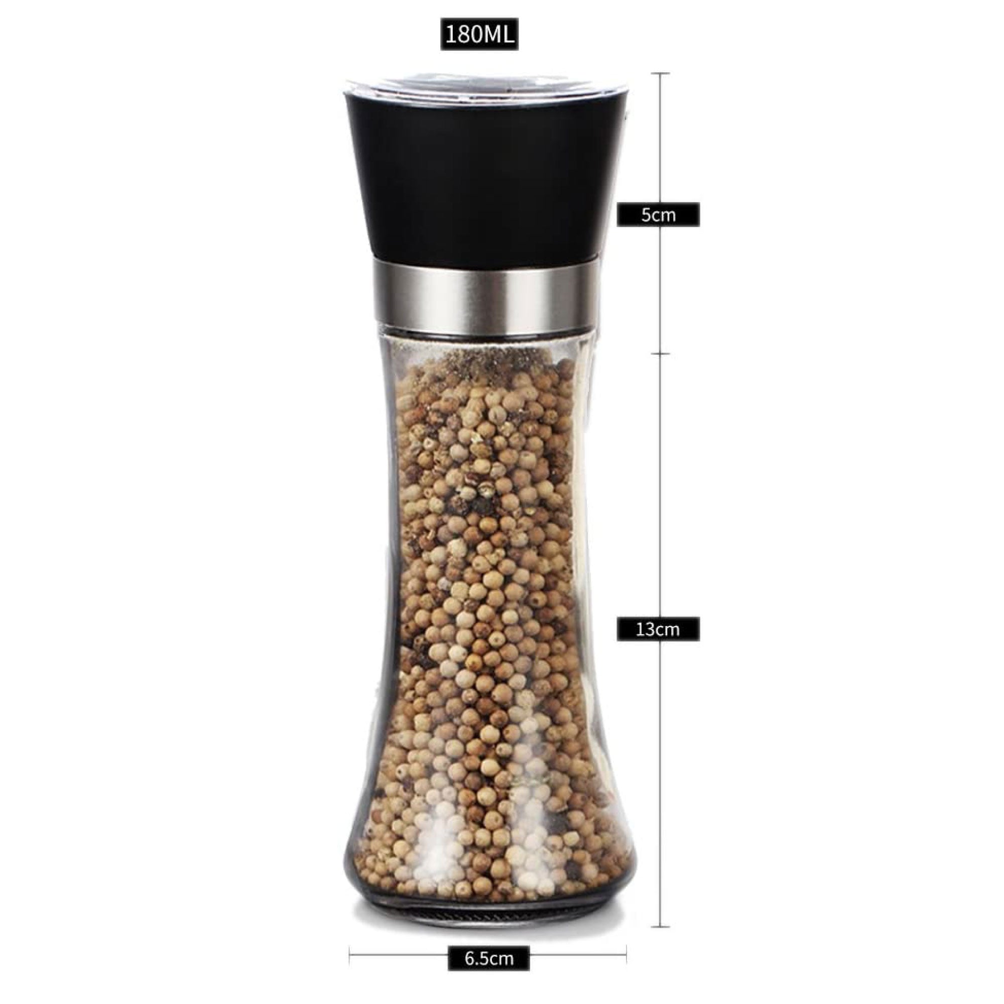 1x 180ml Glass Salt or Pepper Grinder 18cm - Adjustable Ceramic Core Tall Mill - NuSea