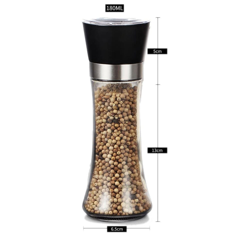 1x 180ml Glass Salt or Pepper Grinder 18cm - Adjustable Ceramic Core Tall Mill - NuSea
