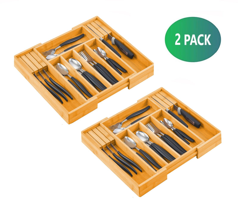 2 Pack Large Capacity Bamboo Expandable Drawer Organizer with Knife Block Holder for Home Kitchen Utensils - NuSea