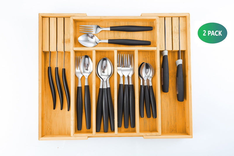 2 Pack Large Capacity Bamboo Expandable Drawer Organizer with Knife Block Holder for Home Kitchen Utensils - NuSea