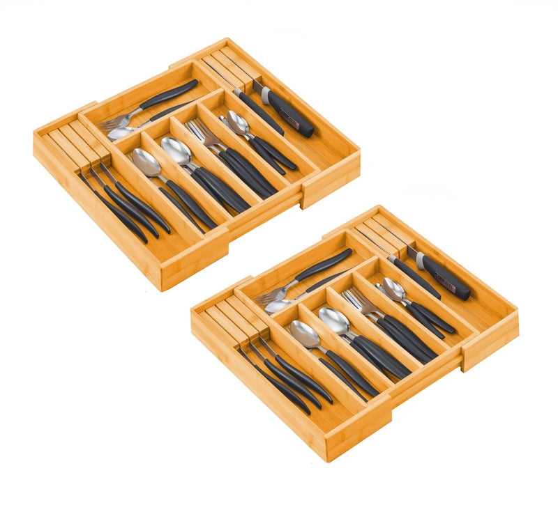 2 Pack Large Capacity Bamboo Expandable Drawer Organizer with Knife Block Holder for Home Kitchen Utensils - NuSea