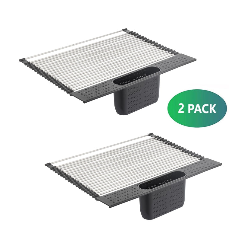 2 Pack Large Stainless Steel Roll Up Dish Drying Rack with Utensil Holder for Home Kitchen - NuSea