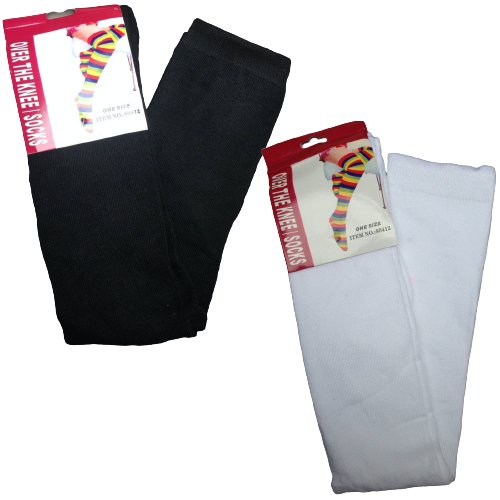 2 Pairs Ladies Over The Knee Socks Plain Black + White High Thigh Long Stockings - NuSea