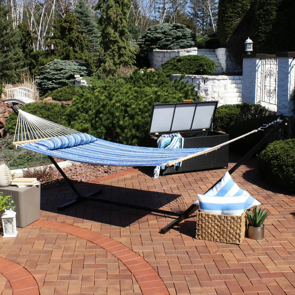 Two Person Hammock with Stand Included Double Hammock with Curved Spreader Bar and Detachable Pillow and Portable Bag_0