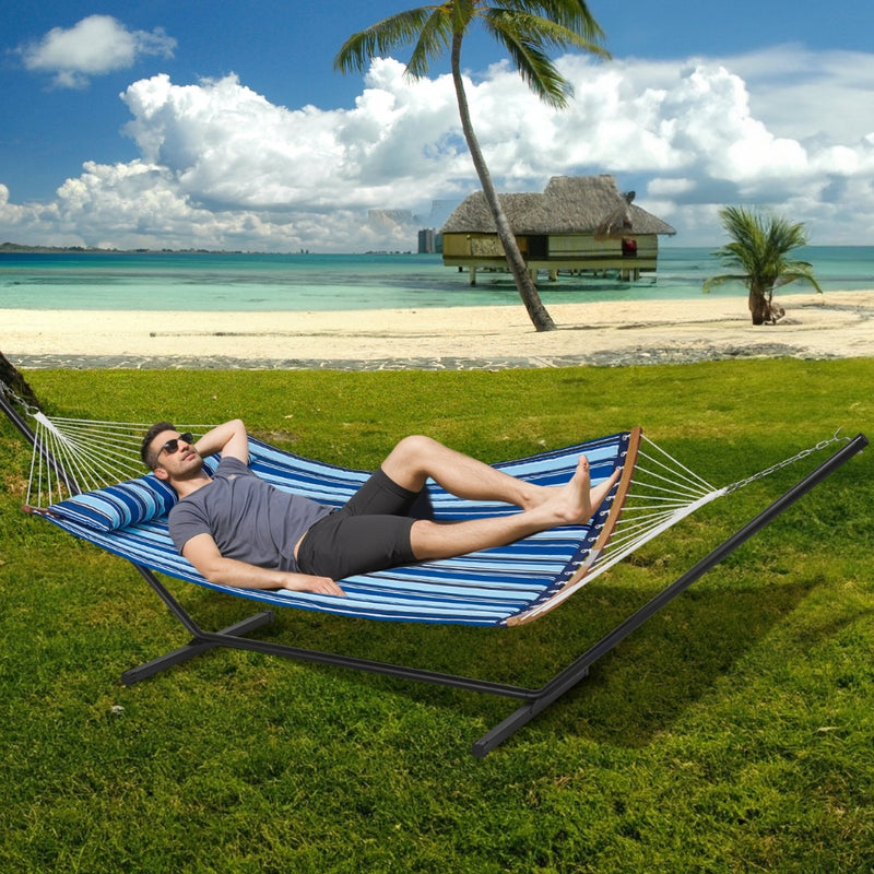 Two Person Hammock with Stand Included Double Hammock with Curved Spreader Bar and Detachable Pillow and Portable Bag_2