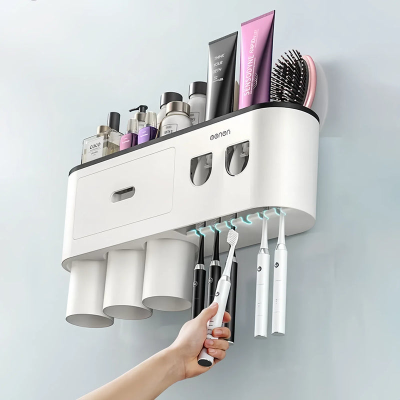 Smart Magnetic Inverted Toothbrush Holder with Automatic Toothpaste Squeezer