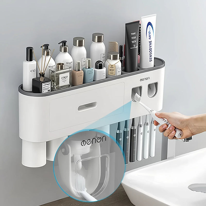 Smart Magnetic Inverted Toothbrush Holder with Automatic Toothpaste Squeezer