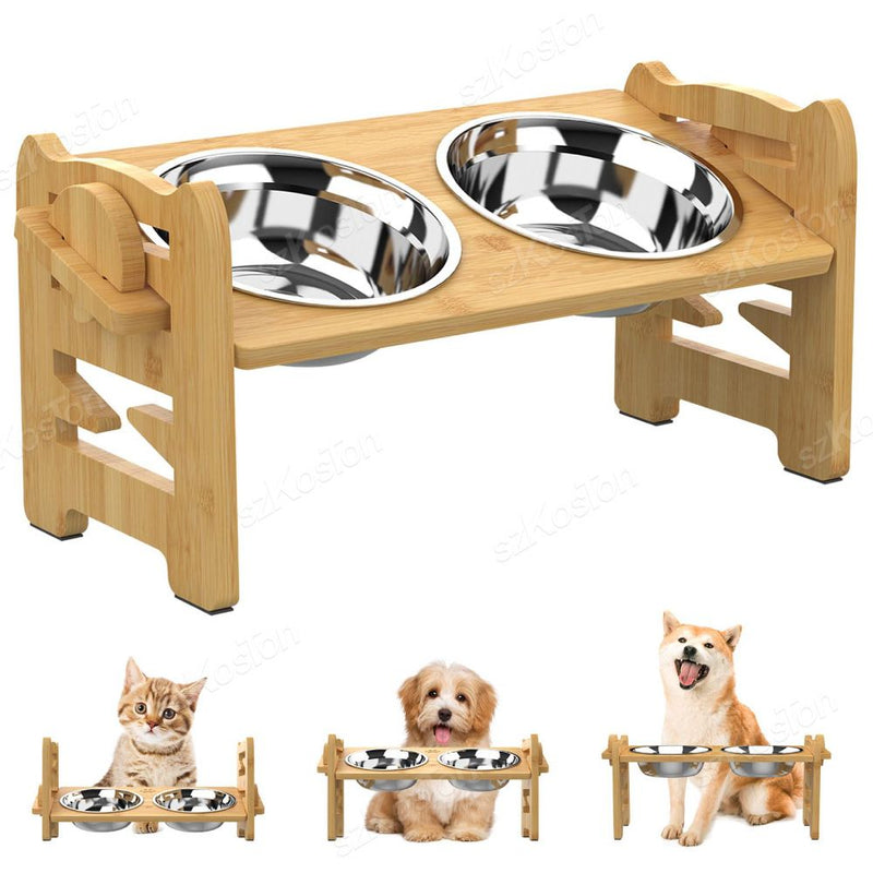 Adjustable Bamboo Elevated Dog Bowls with Stainless Steel Food Bowls