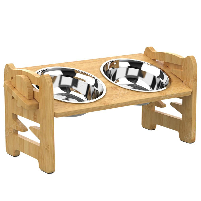 Adjustable Bamboo Elevated Dog Bowls with Stainless Steel Food Bowls